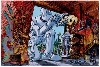 The Iron Giant hides in a workshop and contemplates a metal snack, in Victor Haboush’s concept art