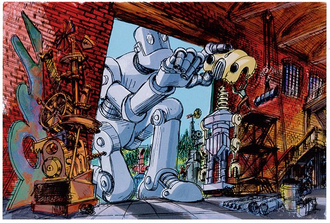 The Iron Giant hides in a workshop and contemplates a metal snack, in Victor Haboush’s concept art