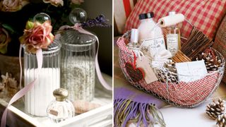 Collage of jars of bath salts and a basket of toiletries to show how to style a bathroom for Christmas for guests