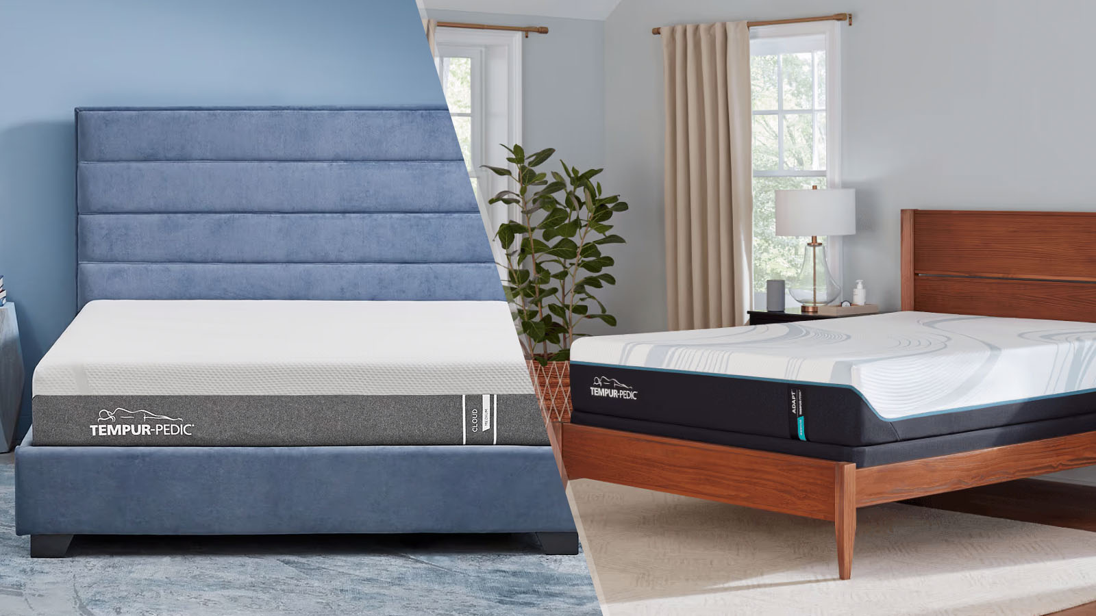 On the left, a front on shot of the Tempur-Pedic Tempur-Cloud mattress on a bed frame in a bedroom. On the right, a side shot of the Tempur-Pedic Tempur-Adapt mattress on a bed frame in a bedroom