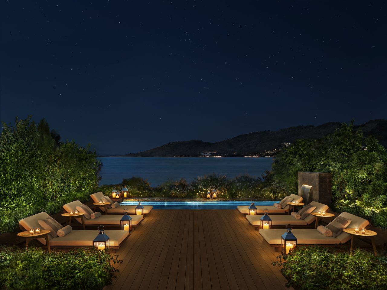 A nocturnal view of a resort spa.