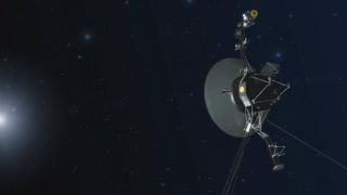 Voyager 1 rendering of the craft out in space, on the right side of the image.