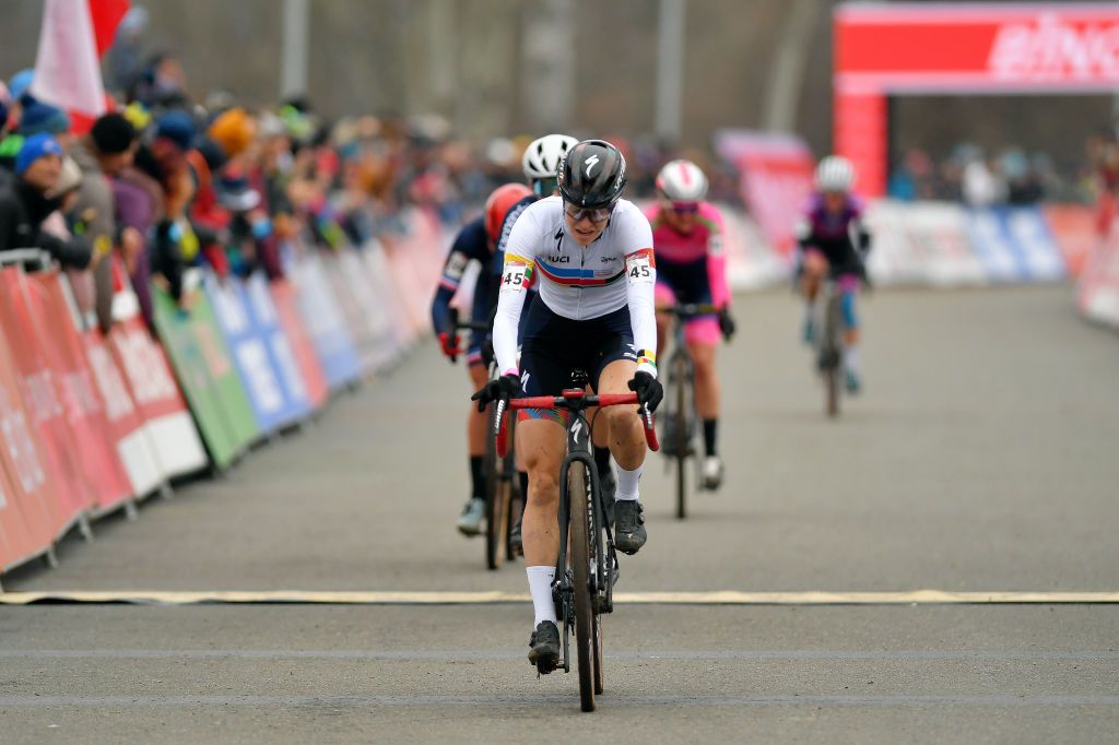 TABOR CZECH REPUBLIC NOVEMBER 14 Maghalie Rochette of Canada reacts after cross the finishing line during the 25th Tabor UCI CycloCross Worldcup 2021 Womens Elite CXWorldCup on November 14 2021 in Tabor Czech Republic Photo by Luc ClaessenGetty Images