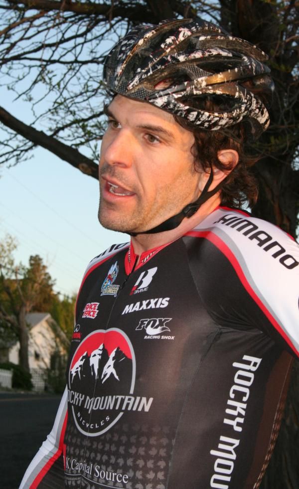 Chris Sheppard (Rocky Mountain-Maxxis) speaks to the media after his win