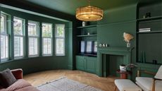 A living room area painted green. Shutters are seen on the left side of the room place onto windows