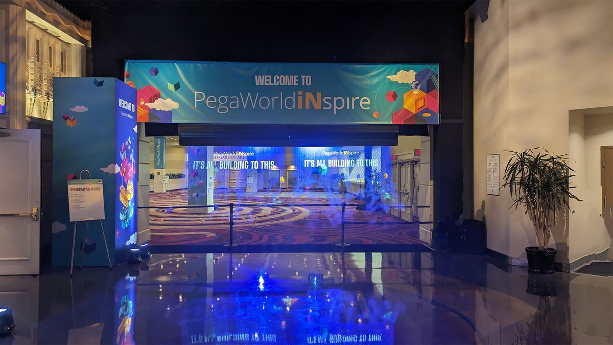 Pegasystems&#039; PegaWorld Inspire 2024 logo and branding pictured at the MGM Grand Hotel and Casino in Las Vegas.