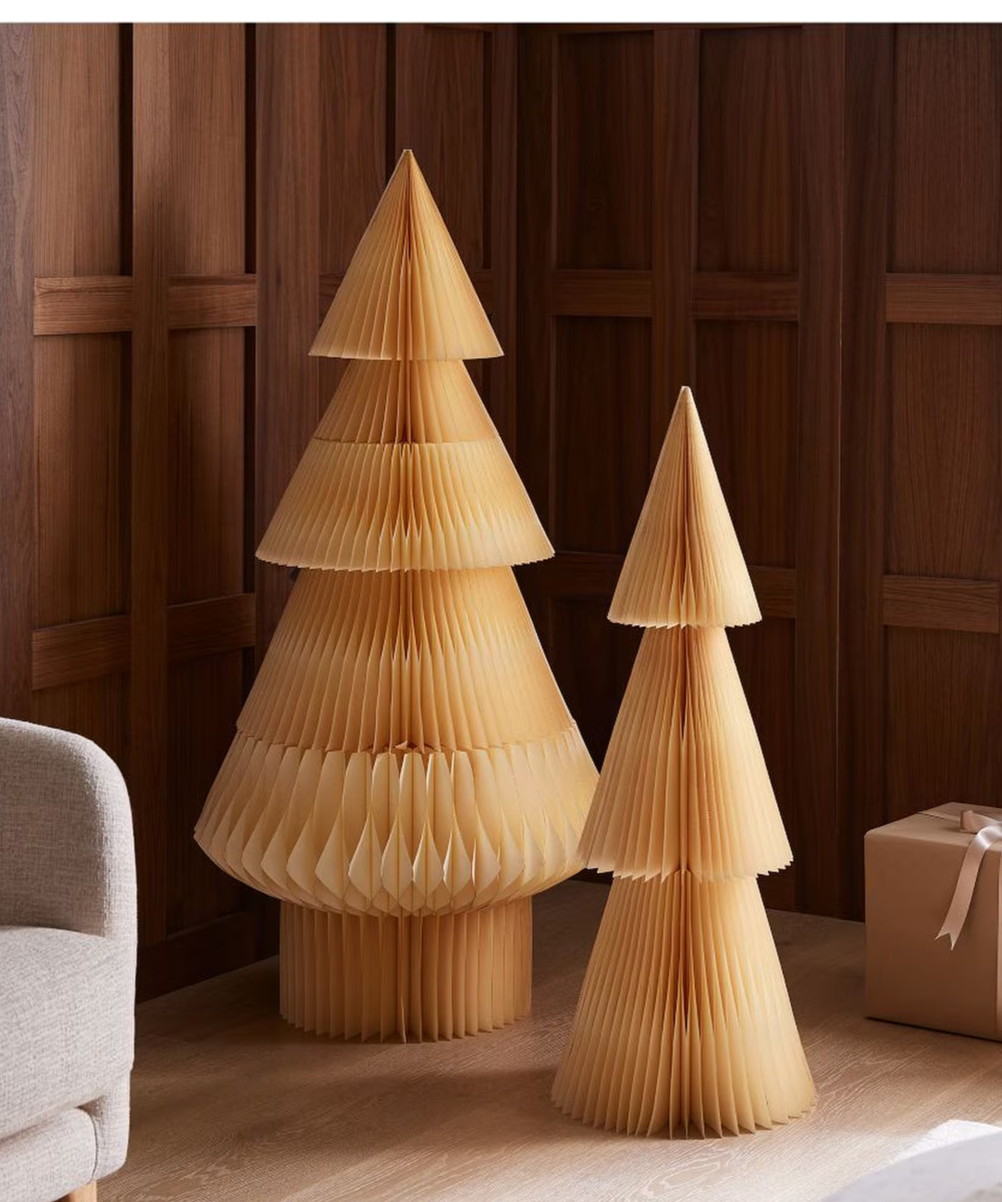 two minimalist paper Christmas trees
