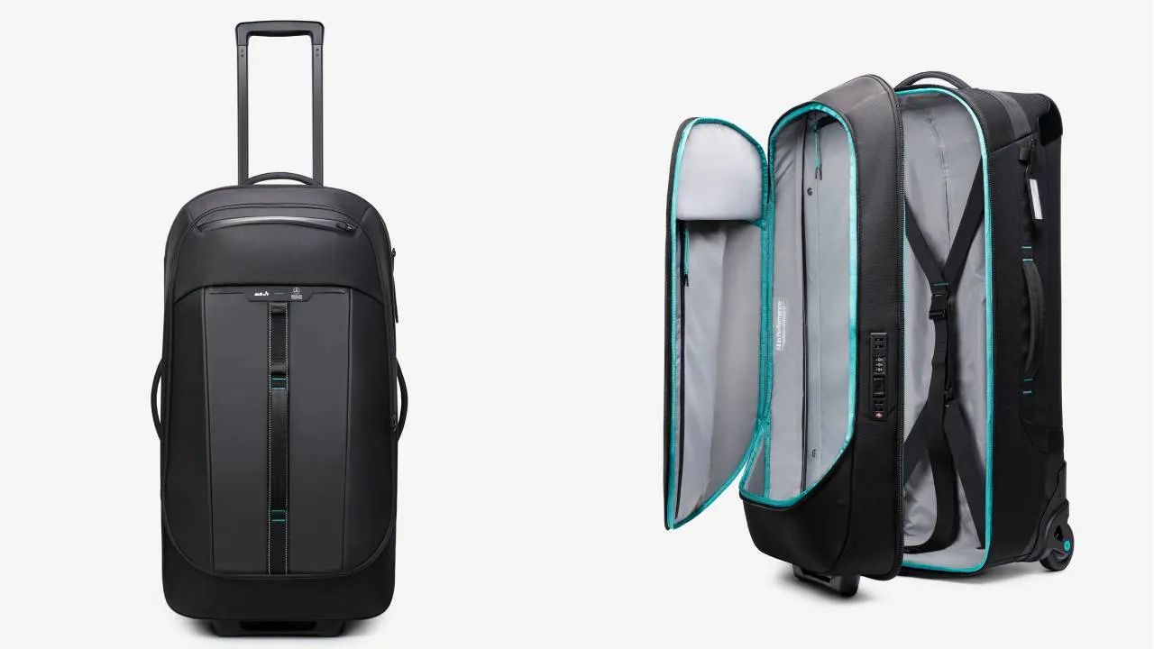 Mous x Mercedes AMG F1 Team wheeled duffel with Mercedes blue details inside and out