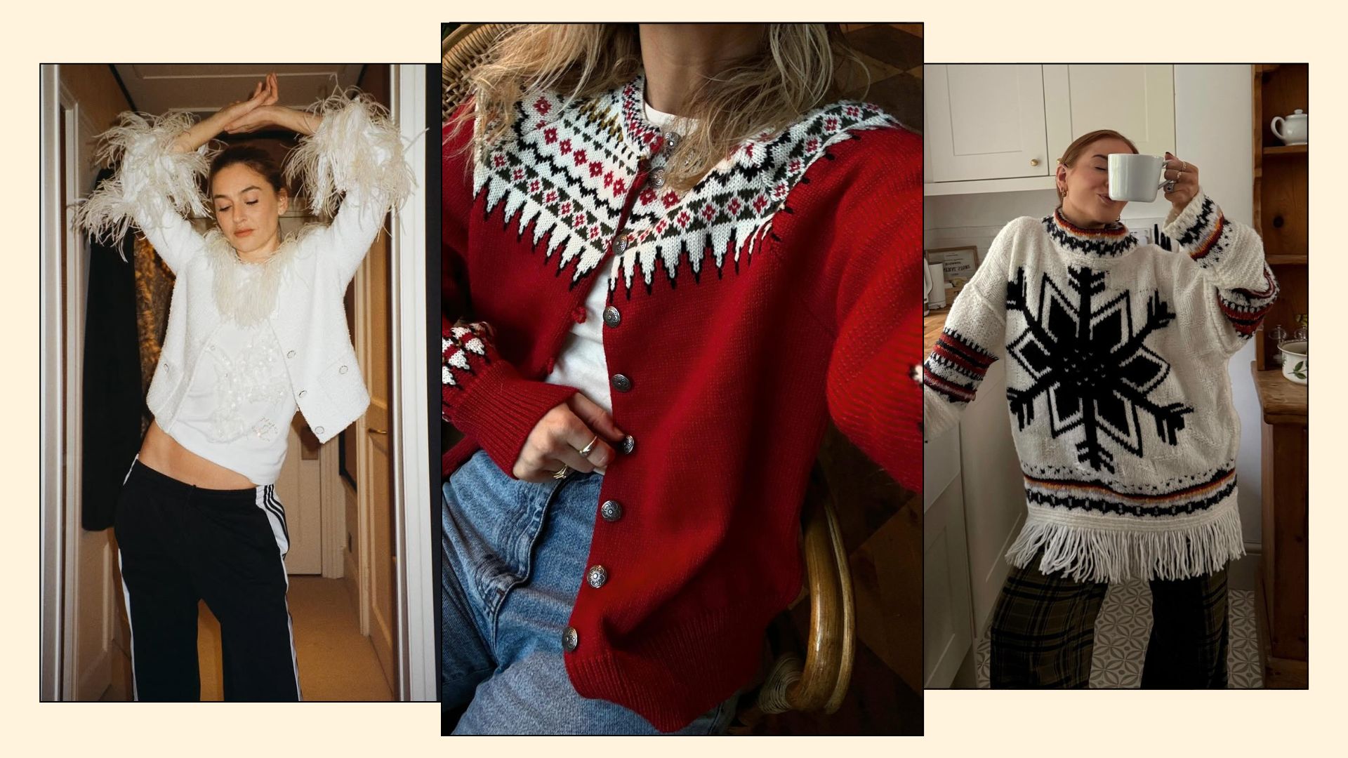 A collage of chic Christmas jumpers spotted on Camille Charriere, Lucy Williams and Rebecca Ferraz-Wyatt.