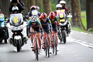 OUDENAARDE BELGIUM MARCH 31 LR Katarzyna Niewiadoma of Poland and Team CanyonSRAM Racing Shirin Van Anrooij of The Netherlands and race winner Elisa Longo Borghini of Italy and Team Lidl Trek compete in the breakaway during the 21st Ronde van Vlaanderen Tour des Flandres 2024 Womens Elite a 163km one day race from Oudenaarde to Oudenaarde UCIWWT on March 31 2024 in Oudenaarde Belgium Photo by Jasper Jacobs PoolGetty Images