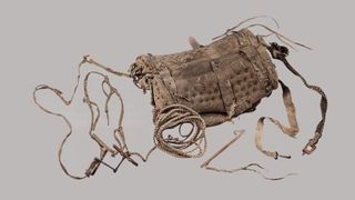 We see a leather saddle with many leather rope-like pieces coming out of it.