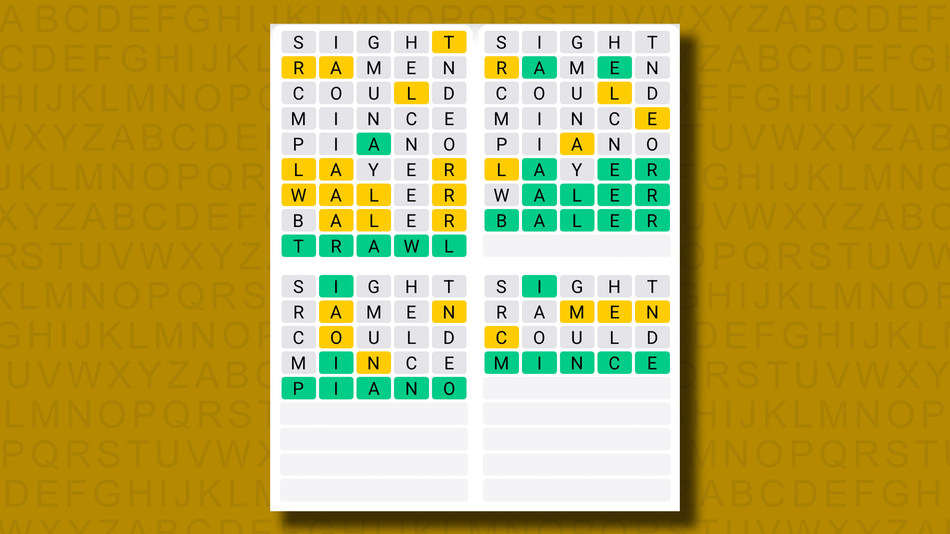 Quordle answers for game 1280 on a yellow background