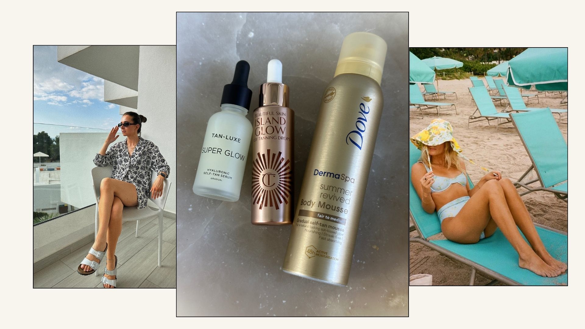 A graphic of the best gradual tan products and photos of influencers in the sun