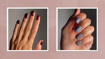 On the left, a hand with short maroon nails and on the right, a close-up of a hand with sparkly grey nails, both created by nail artist, Mateja Novakovic (@matejanova)/ in a muted, dark purple template