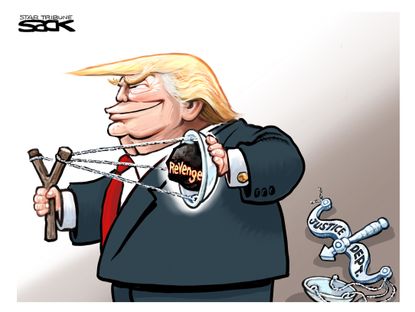 Political Cartoon U.S. Trump Justice Department William Barr revenge slingshot scales of justice