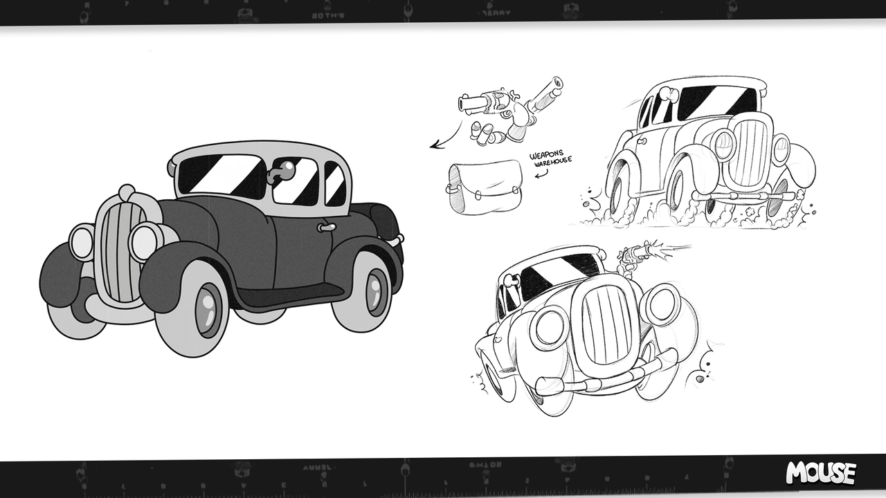 Concept art from MOUSE: P.I. for Hire, showing several vehicles, characters, and environments.