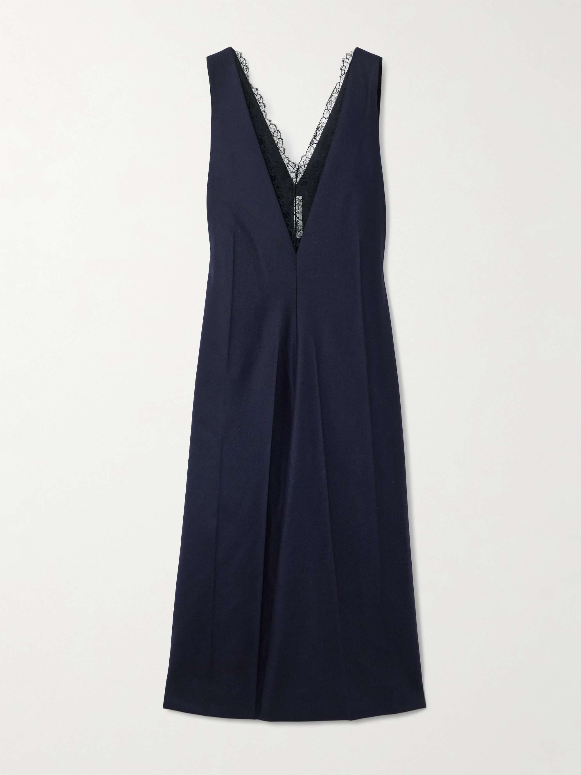 Chantilly Lace-Trimmed Wool-Flannel and Crinkled-Satin Midi Dress