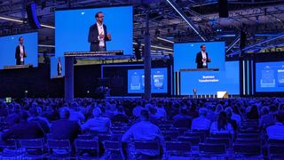 A wide angle shot of Thomas Saueressig, leader of SAP Product Engineering at SAP, live onstage at SAP Sapphire Barcelona 2024/