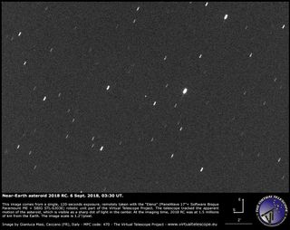 That tiny white fleck smack-dab in the center of this image is the near-Earth asteroid 2018 RC, which will safely pass by Earth at a distance of about 136,000 miles (220,000 kilometers) on Sept. 9, 2018.