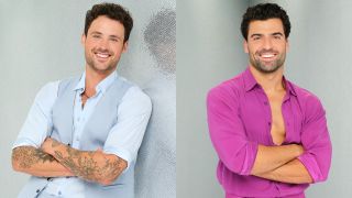 Contestant Dylan Efron and pro Jan Ravnik crossing their arms for Dancing With the Stars Season 34.