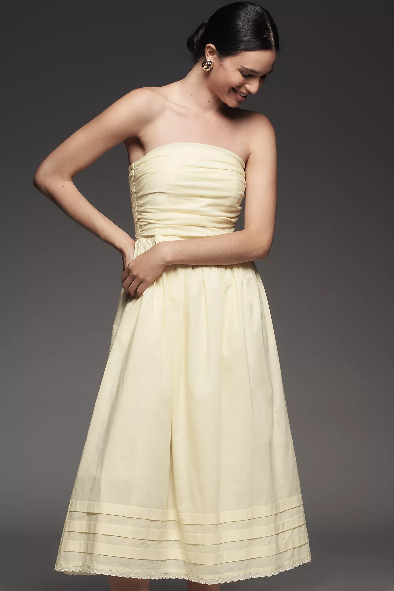 Wayf Cotton Strapless Pleated Midi Dress