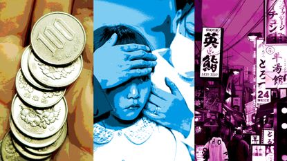 Three images side by side with a yellow, blue and purple filter. The left images shows a stack of coins, the middle shows a child being taken care of by a woman in a mask and the right shows a Japanese city.