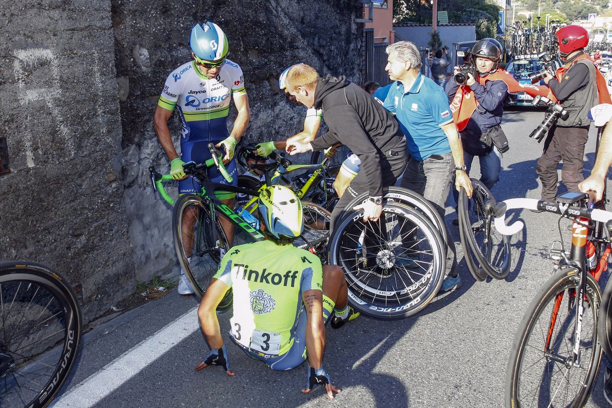 Michael Matthews (Orica-GreenEdge) and Daniele Bennati (Tinkoff) came to grief