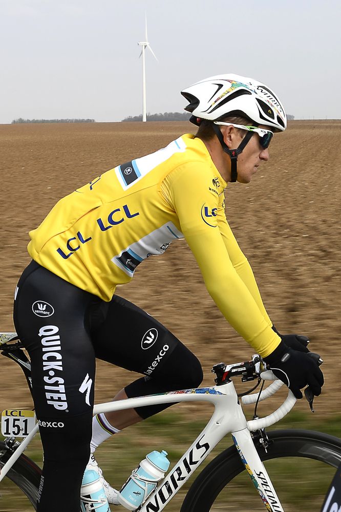 Michal Kwiatkowski in yellow during stage 1.