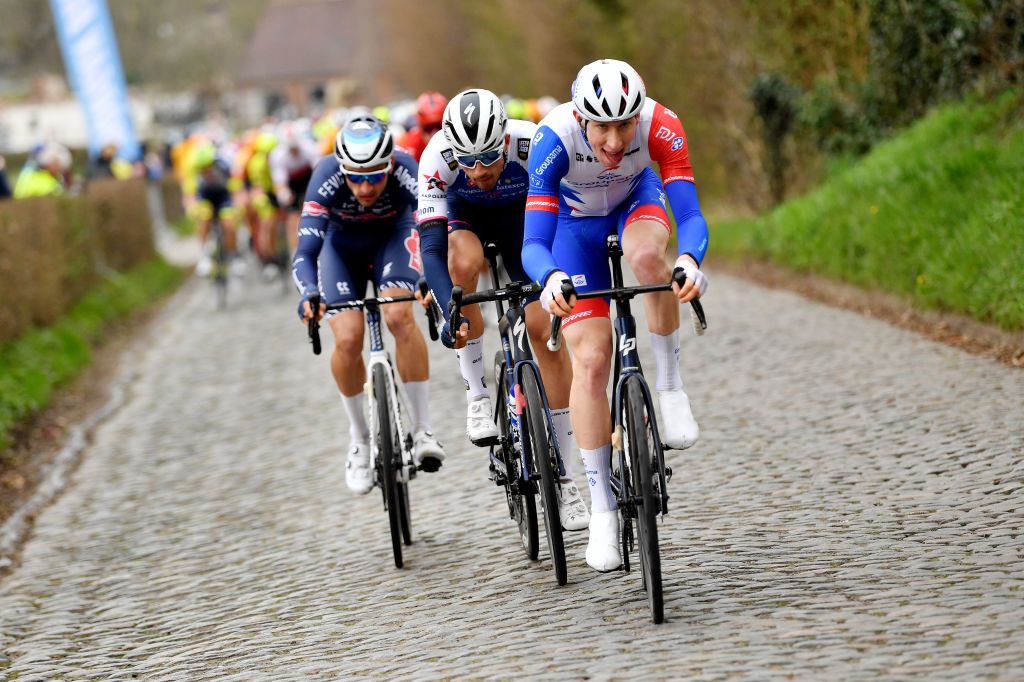 NOKERE BELGIUM MARCH 16 Lewis Askey of United Kingdom and Team Groupama FDJ competes during the 76th Danilith Nokere Koerse 2022 Mens Elite a 1898km one day race from Deinze to Nokere NokereKoerse DNK22 on March 16 2022 in Nokere Belgium Photo by Luc ClaessenGetty Images