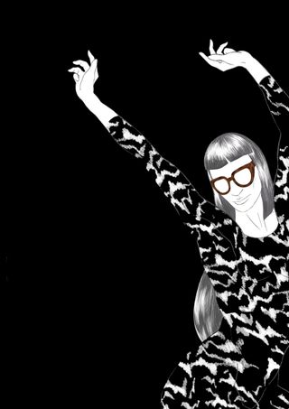 black and white illustration of Norma Kamali stretching in leopard spandex and glasses