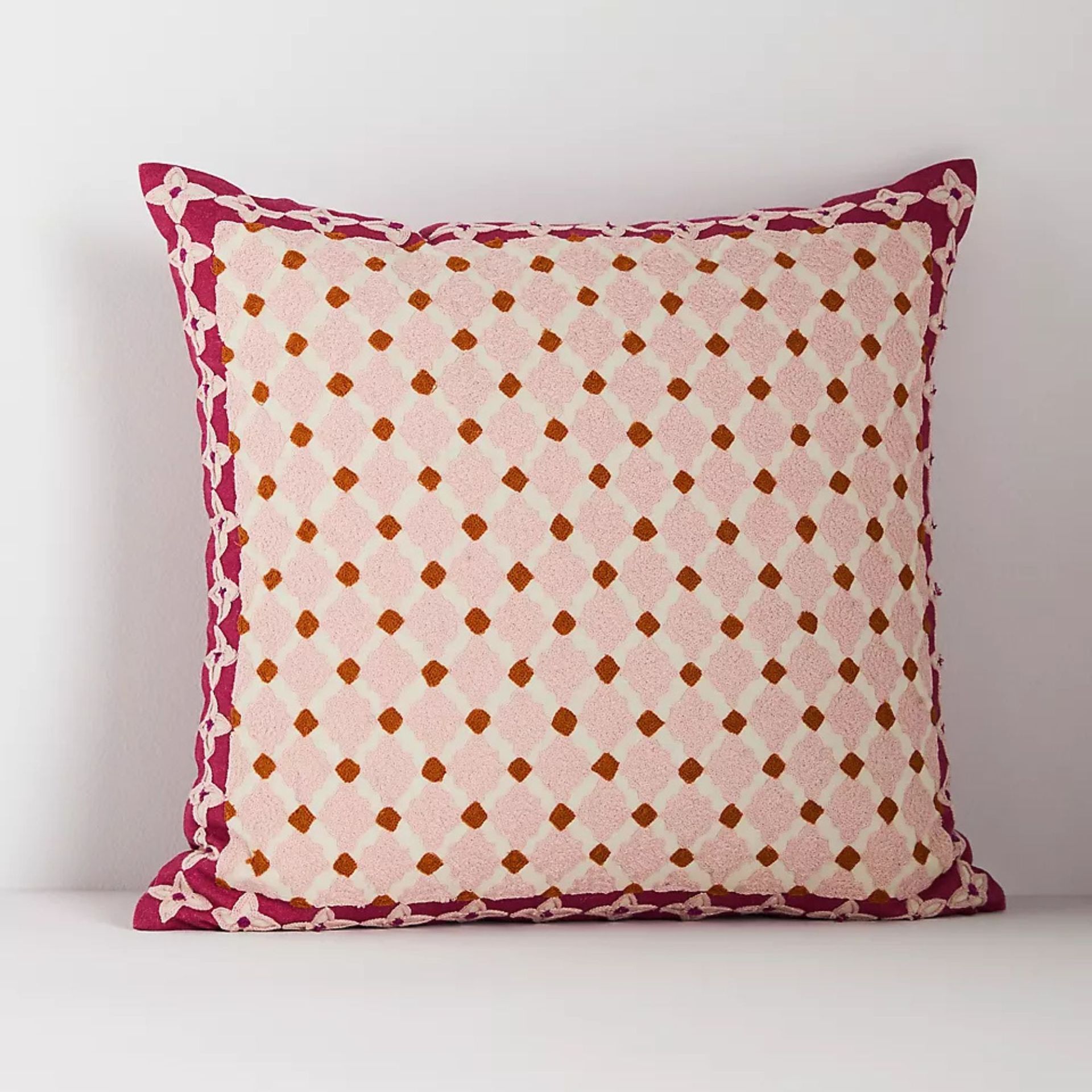 Pink and red checked print throw pillow
