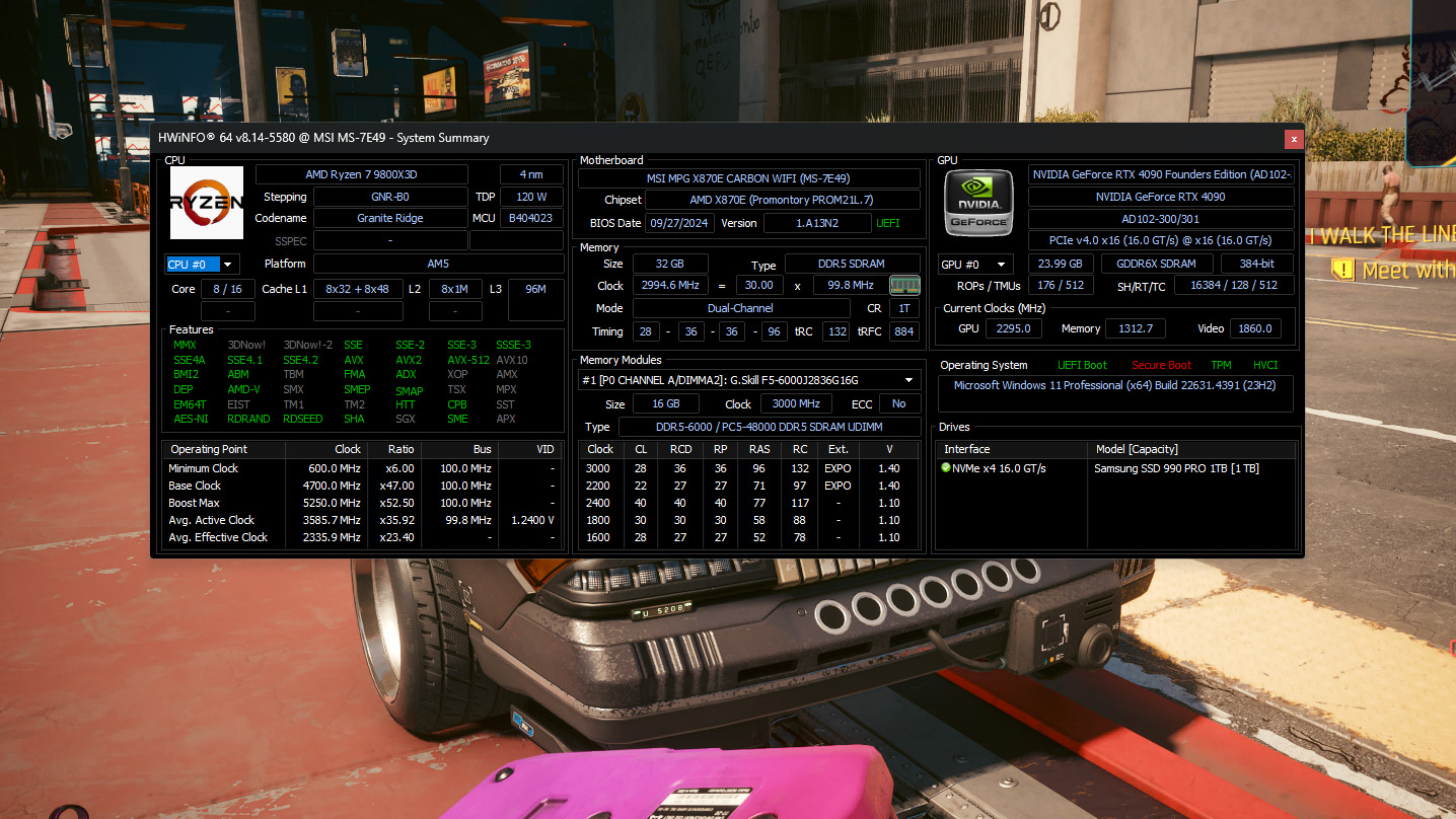 AMD Ryzen 7 9800X3D live stats in HWiNFO while running Cyberpunk 2077