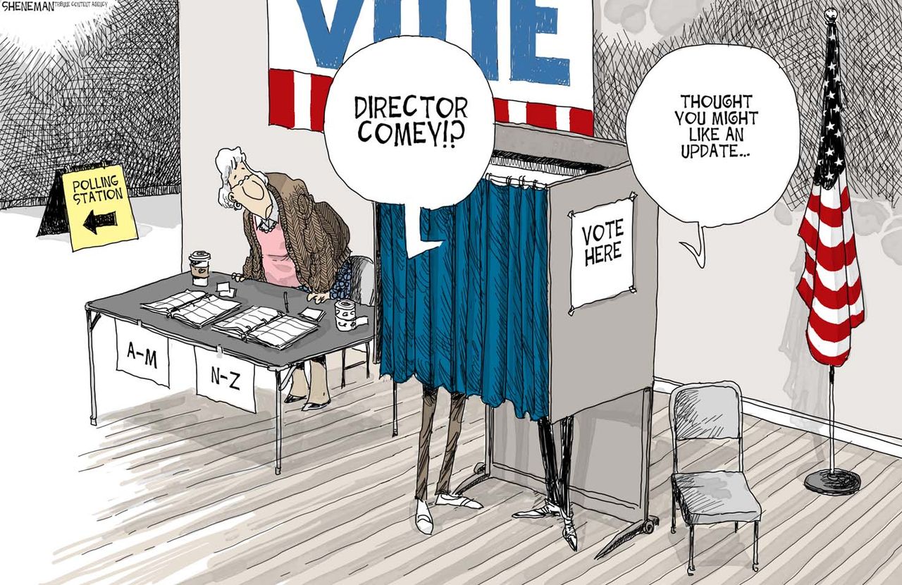 Political cartoon U.S. 2016 election Hillary Clinton Comey voting booth