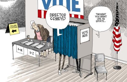Political cartoon U.S. 2016 election Hillary Clinton Comey voting booth