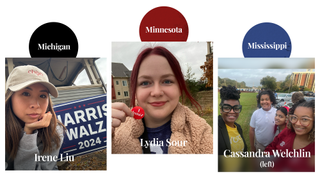 A woman wearing a hat standing next to the Harris and Walz 2024 sign; A woman holding her I Voted sticker; A woman standing with her family