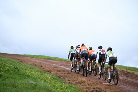 Geerike Schreurs (Netherlands) with no 16 on her back sitting among the leading group early in the Nannup UCI Gravel World Championship