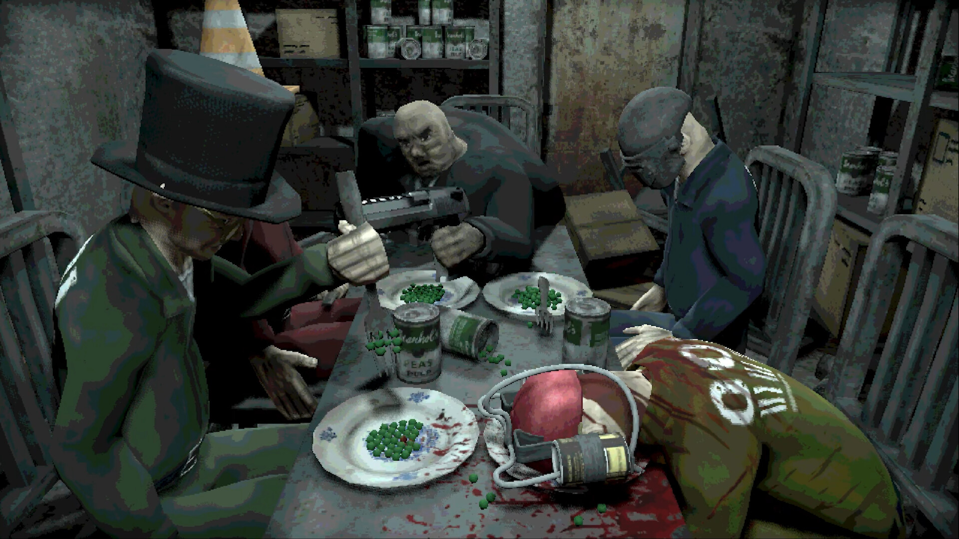 A group of people sit at a dirty table, one is dead