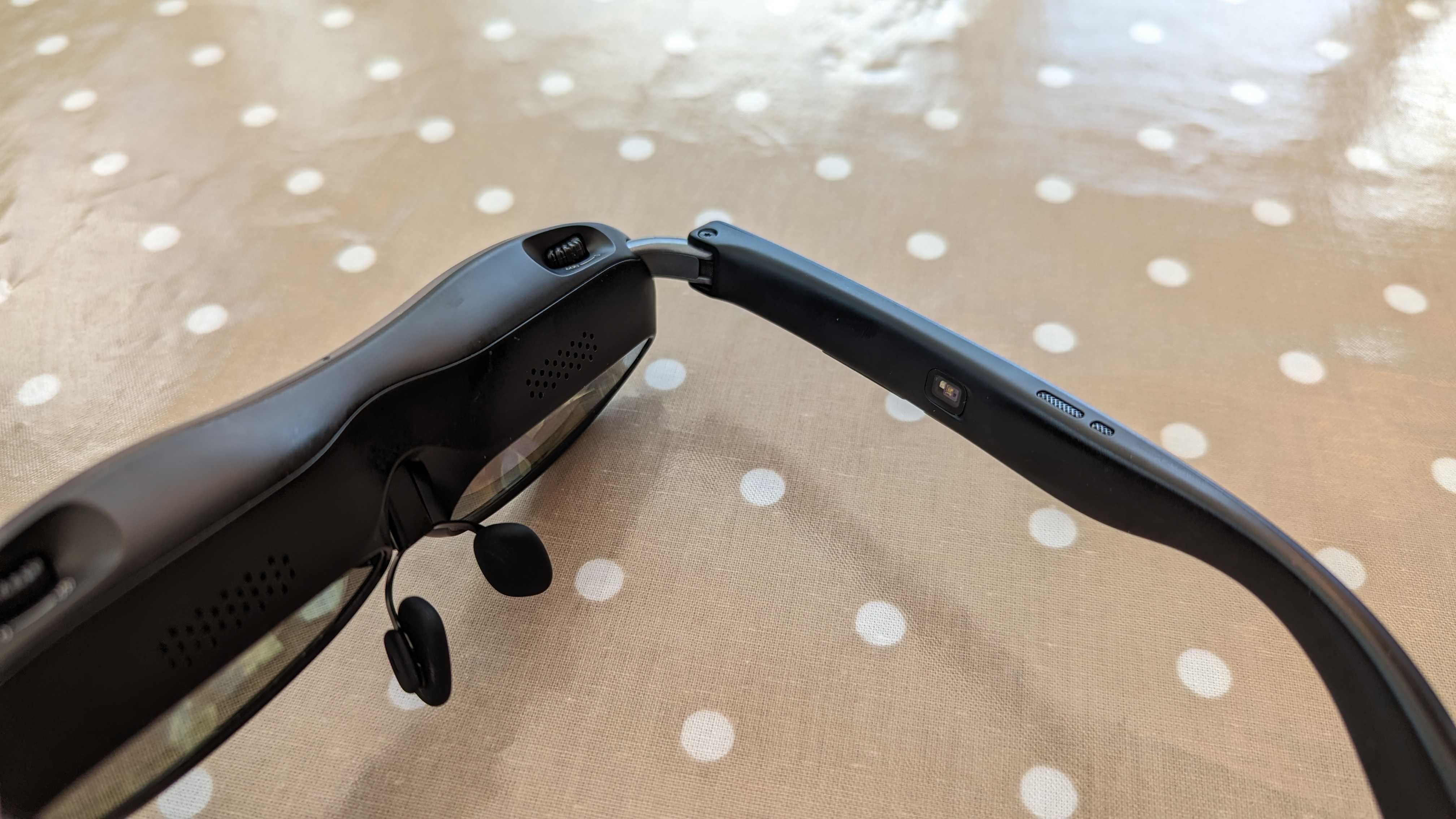 The Rokid Max AR glasses arm seen from the side. You can see the speakers on top, the nose clips and inner screens