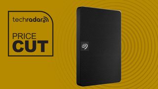 The Seagate Expansion on a gold background next to a TechRadar badge that reads 'Price Cut'