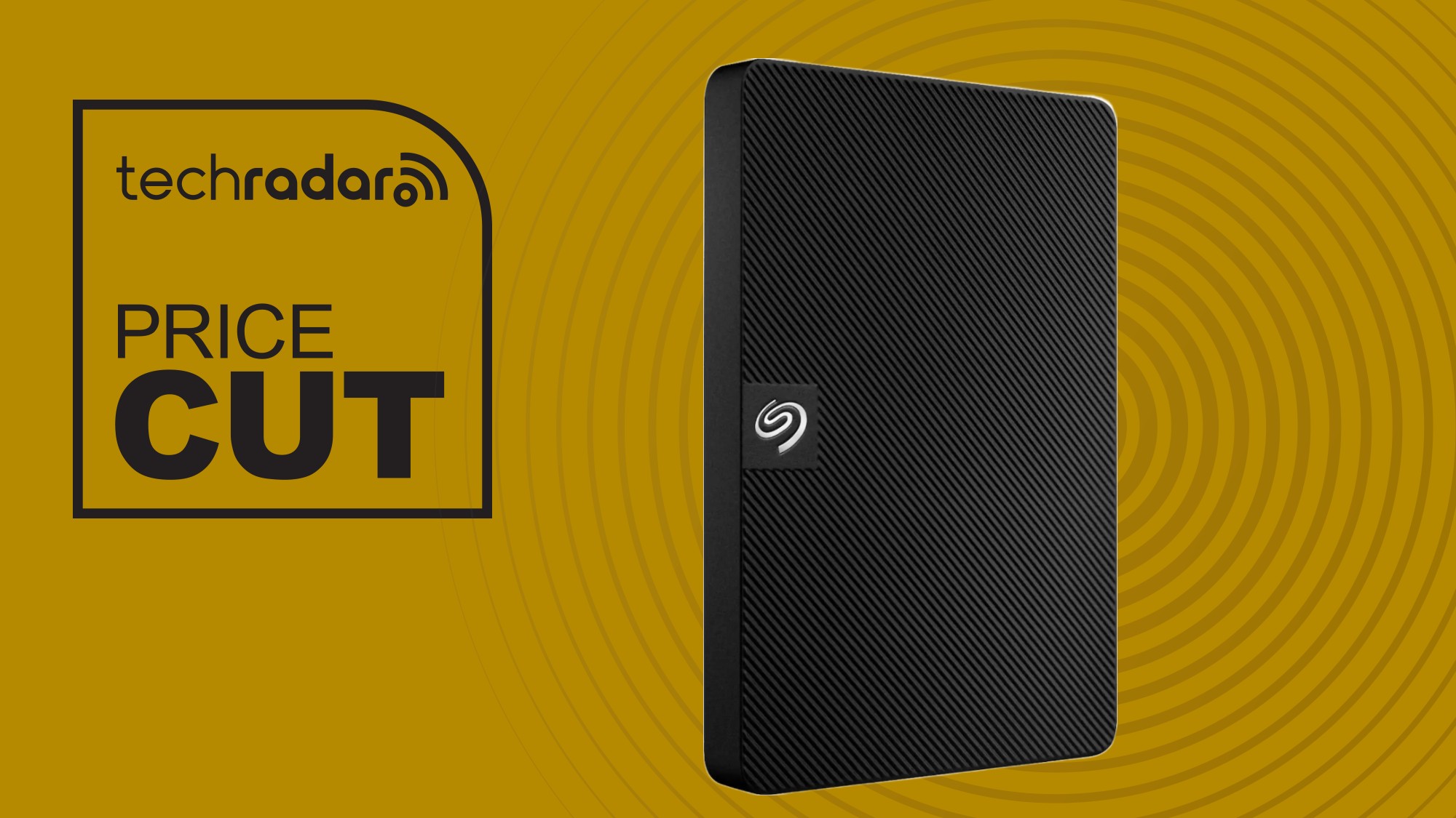 The Seagate Expansion on a gold background next to a TechRadar badge that reads 'Price Cut'