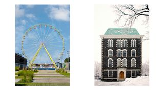 Composite image of two photographs: 'Angouleme' by Marjorie Becker and 'Hughes Hall, Fordham University, New York City' by Joe Byrnes, both of which appear in the Accidentally Wes Anderson Adventures book published by Laurence King Publishing