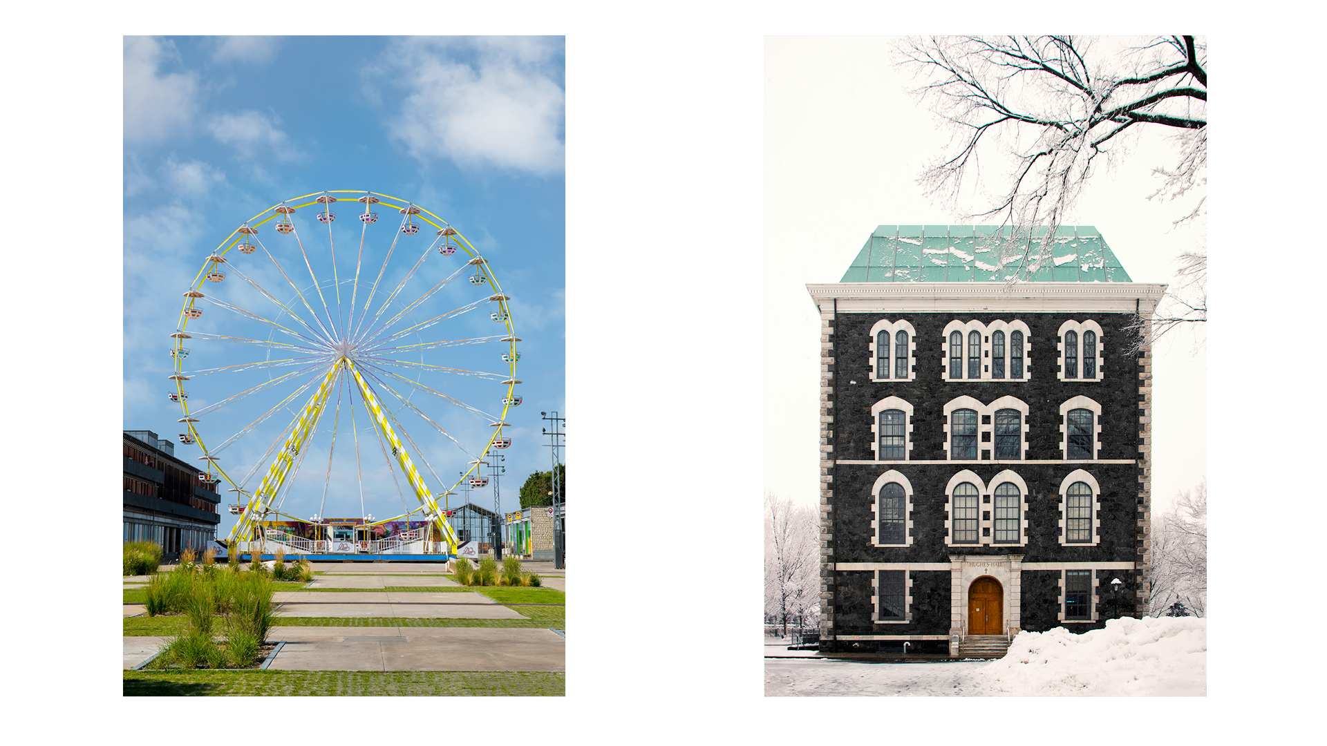 Composite image of two photographs: 'Angouleme' by Marjorie Becker and 'Hughes Hall, Fordham University, New York City' by Joe Byrnes, both of which appear in the Accidentally Wes Anderson Adventures book published by Laurence King Publishing