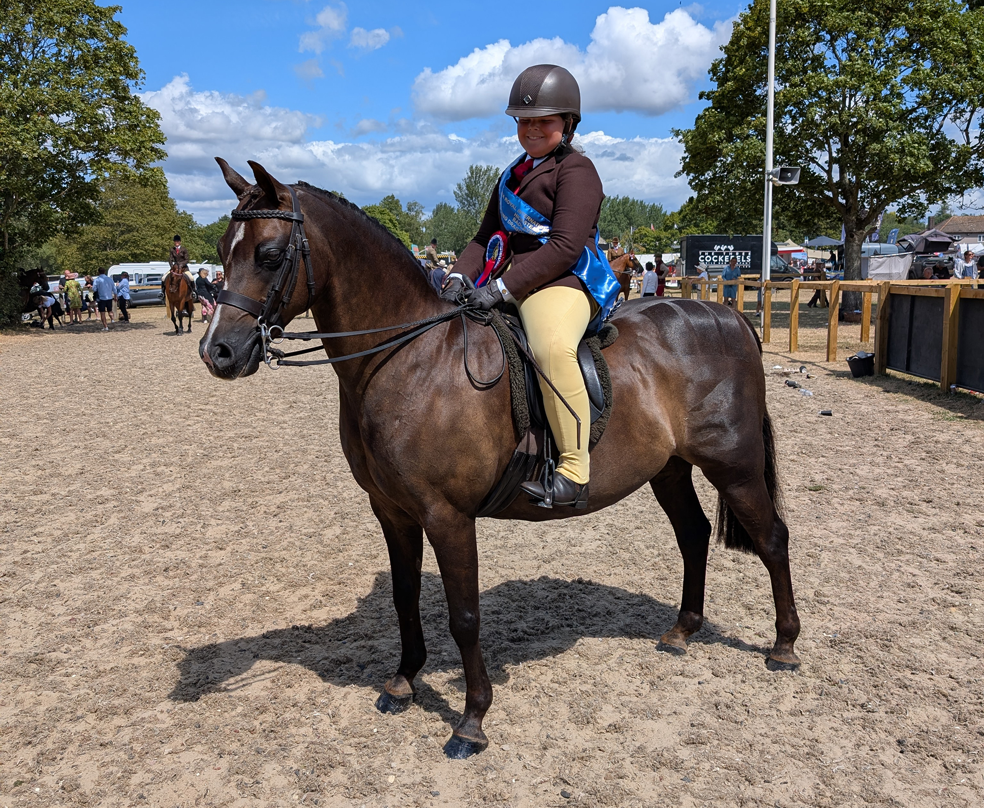 A show hunter pony with young jockey wearing a blue winners sash at Hickstead