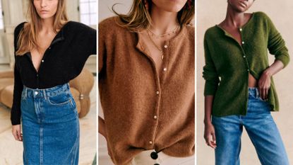 Sezane Gaspard cardigan on models in black, camel and green