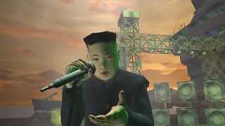 Kim Jong-un sings into a mic in a modded version of Guitar Hero World Tour.