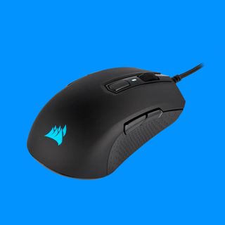 An image of a Corsair M55 RGB Pro wired gaming mouse against a blue background