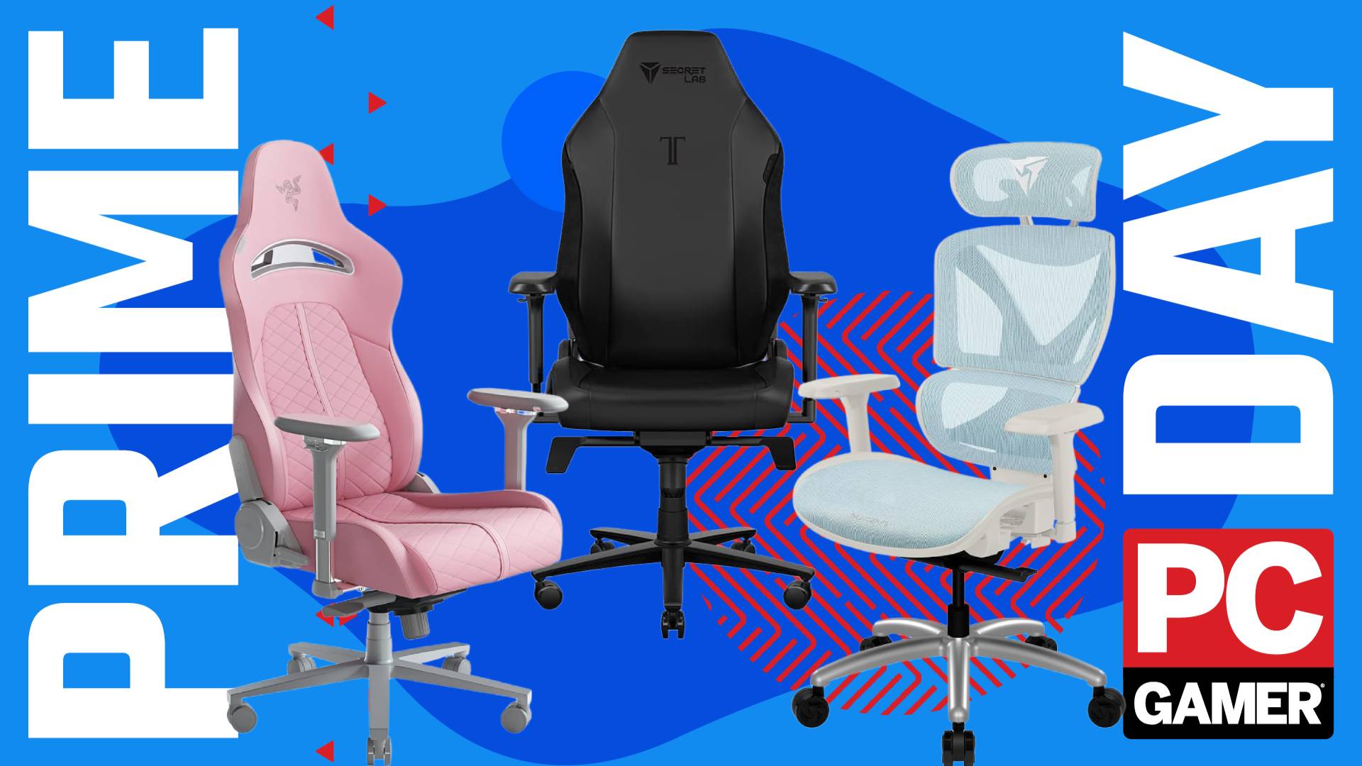 The Razer Enki, Secretlab Titan Evo, and the ThunderX3 XTC float in the funky PCG Prime Day deal void.