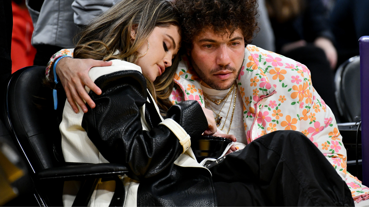 Selena Gomez and Benny Blanco attend a basketball game between the Los Angeles Lakers and the Miami Heat at Crypto.com Arena on January 03, 2024 in Los Angeles, California.