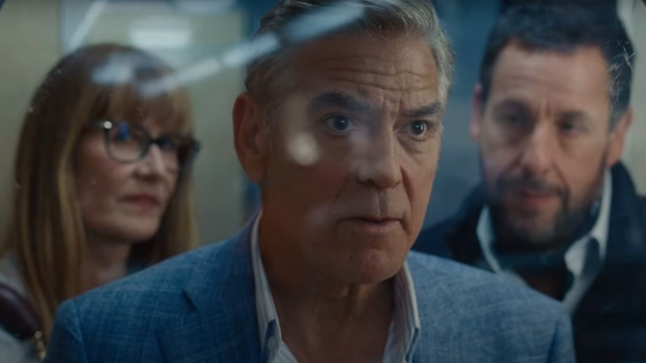 Laura Dern and Adam Sandler stand behind a perplexed George Clooney in Jay Kelly.