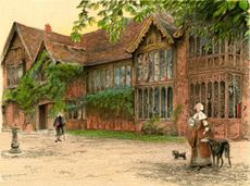 Ockwells Manor, a 15th century timber-framed manor house near Maidenhead, Berkshire. Illustration by Cecil Aldin, 1923.